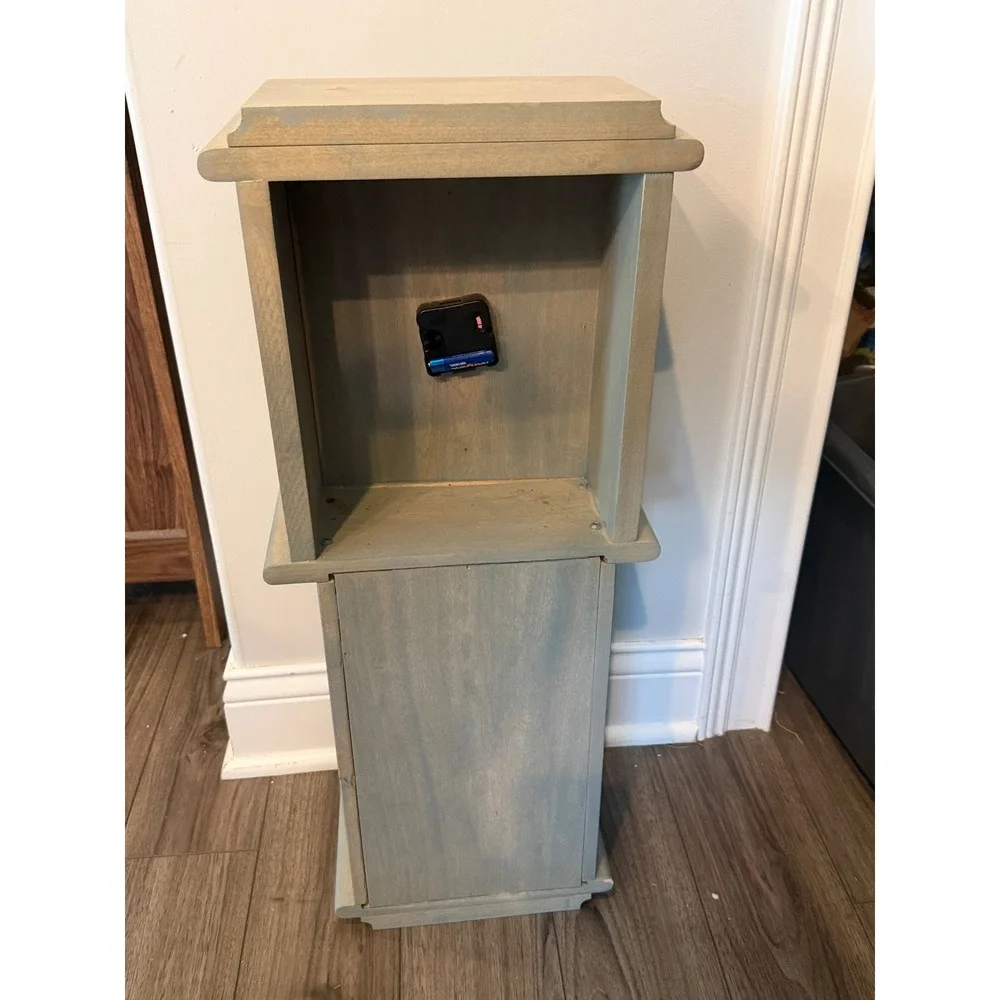 Distressed Gray Wooden Grandfather Clock with Storage Base 28x11.5x6